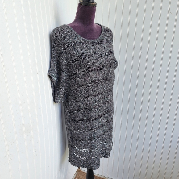 Express Brown Mohair Fuzzy Short Sleeved Metallic Thread Tunic Sweater Dress M - Picture 2 of 13